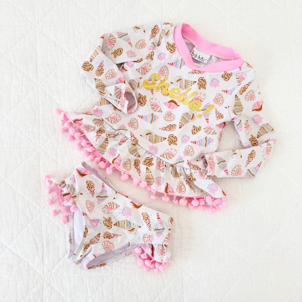 2T Nicole Miller New York Kids Shello Long Sleeve Swimsuit PomPoms